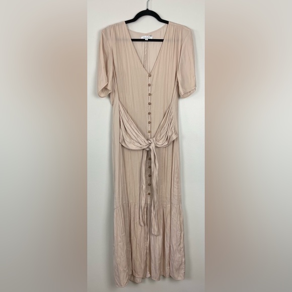 Love, Whit Satin Midi Dress Cream Pink Nude Tie Waist Button - Picture 2 of 6